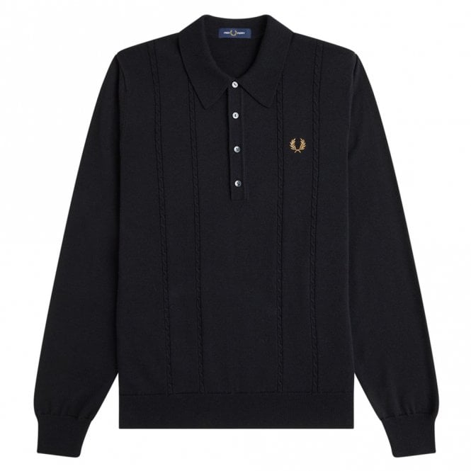 Mens Cable Knitted Long Sleeve Polo Shirt Main image