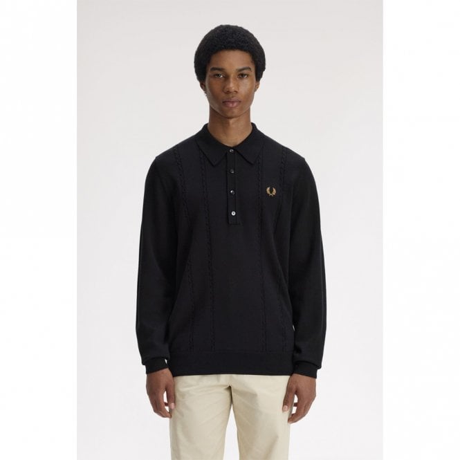 Mens Cable Knitted Long Sleeve Polo Shirt