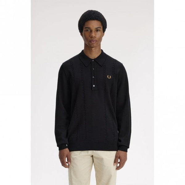 Mens Cable Knitted Long Sleeve Polo Shirt