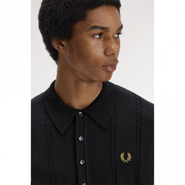Mens Cable Knitted Long Sleeve Polo Shirt