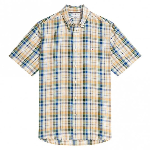 Mens Classic Fit Check Linen Blend Short Sleeve Shirt