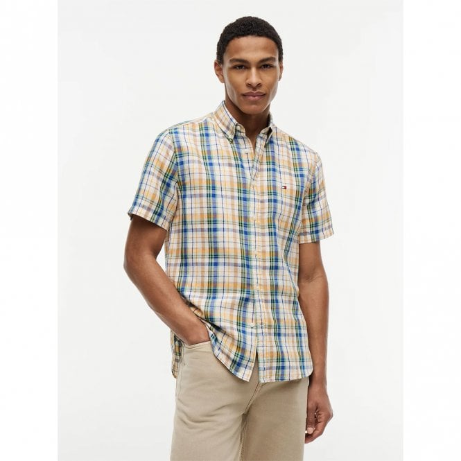 Mens Classic Fit Check Linen Blend Short Sleeve Shirt
