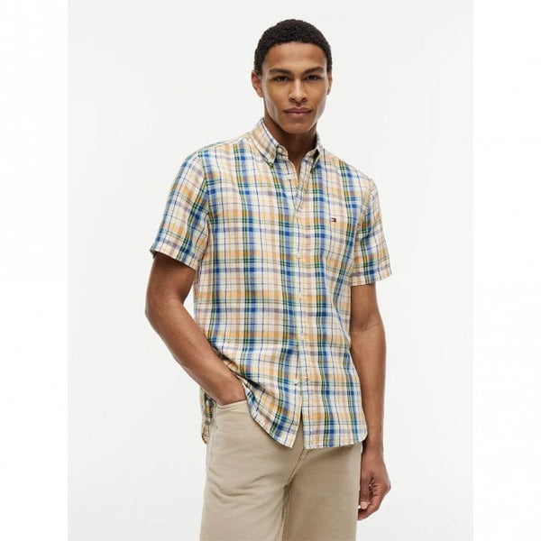 Mens Classic Fit Check Linen Blend Short Sleeve Shirt