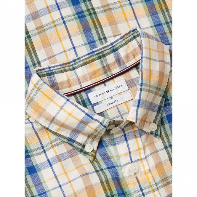 Mens Classic Fit Check Linen Blend Short Sleeve Shirt